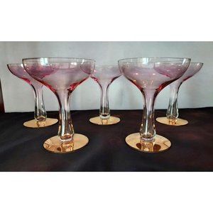5-Vintage Pink & 22k Gold Gilt, Hollow  Stem Cocktail, ChampagCoupe Glass 1920's